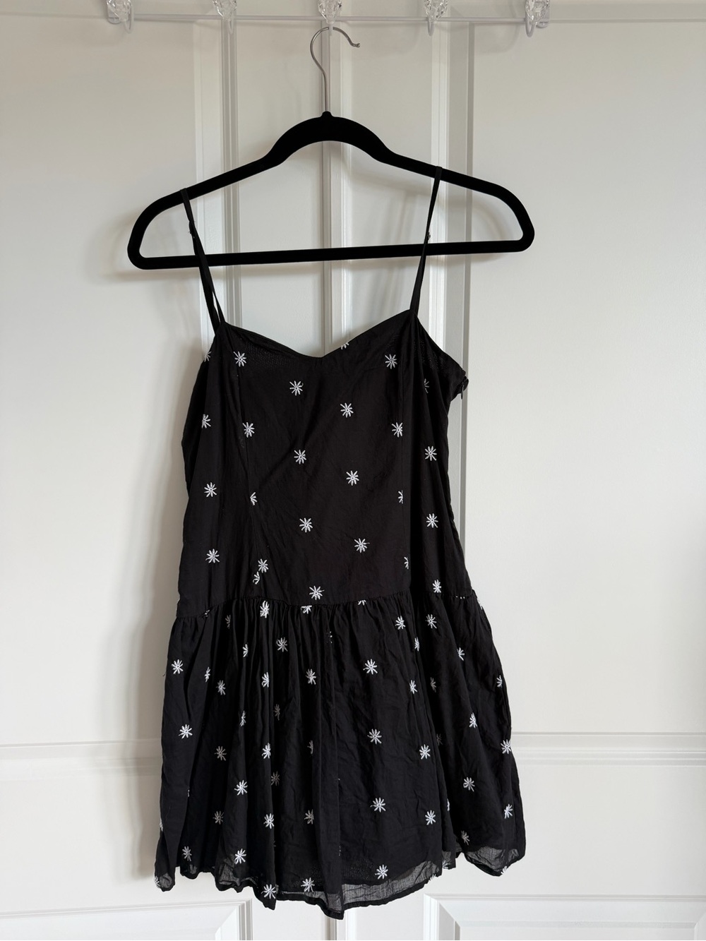 Zara Black Spaghetti-Strap Mini Dress with White Star Embroidery